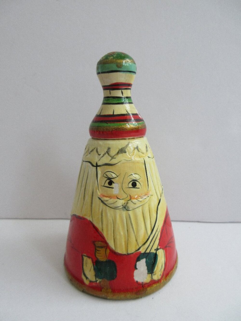 German Hand Carved Painted Wood Santa Christmas Bell with Clapper Vintage